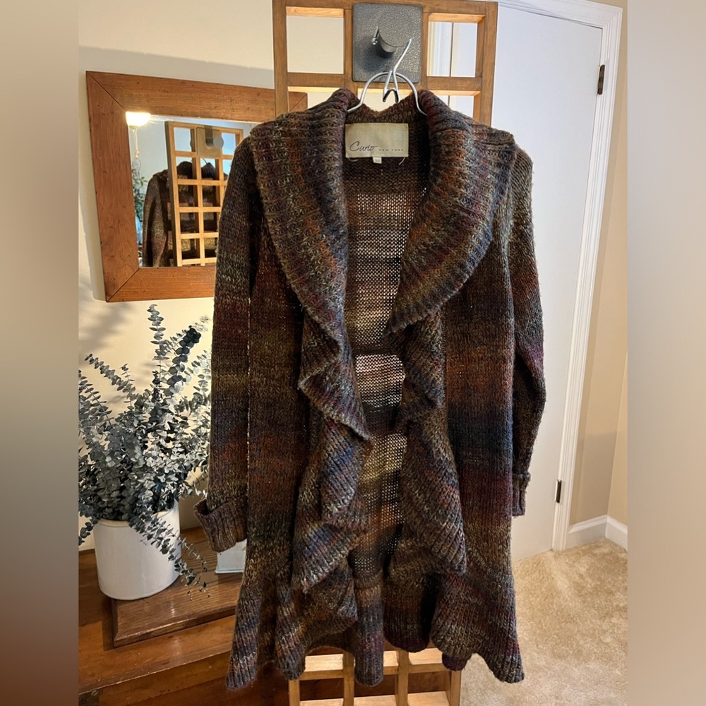 Curio New York (XS) knit ruffle front long cardigan